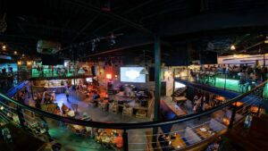 View of The Wharf main dining area and stage from the upper balcony dining area